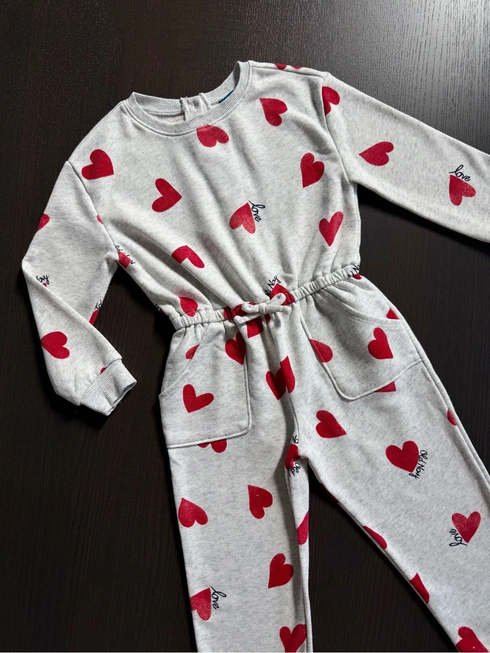 Grey Heart Print Jumpsuit with Red Hearts